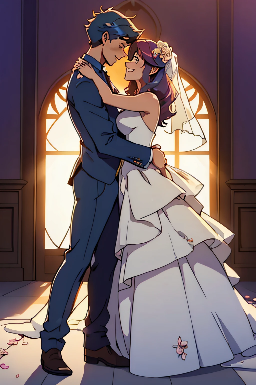 Male and female combinations, Wedding dress, HD, solid color backdrop, Cartoon, Anime style, Full body portrait,Male and female synchronization,Wedding scene complex beautiful wedding dresses, Multi-layered skirt,high-definition portrait , hugs,grin face,Full body like,intimacy,best qualtiy,tmasterpiece,Aquamarine-like eyes,full bodyesbian,(best qualtiy,hyper-detailing),(best illuminate,best shadow,Extremely Delicately Beautiful),dynamic angle,depth of fields,(blooms),(shine),(solo),llight rays,optimum,opulent,Colorful,Movie Angle,adolable,Positive face