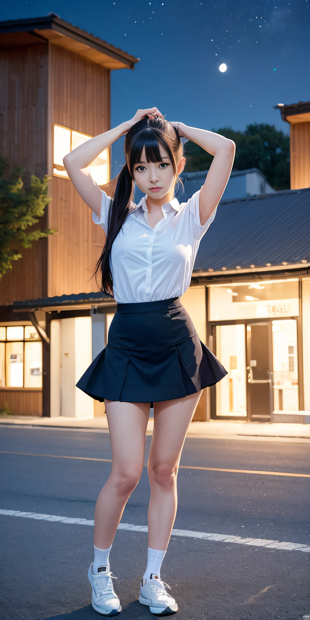 (((professional: step by step, final result god level))): "(Masterpiece, Best Quality), solo 1girl, 24 years old, sirase sakuya, black hair, Long hair, Ponytail, skinny, 50% big breasts, 20% White V collar shirt, 25% plaid miniskirt, tie, Looking at viewer, arms UP, (legs open standing:1.1), , juice, Socks, Shoes, clenched teeth, (frown, blush:1.2), blue eyes, (street:1.2), (((night sky)))", under front  view, visible hip,