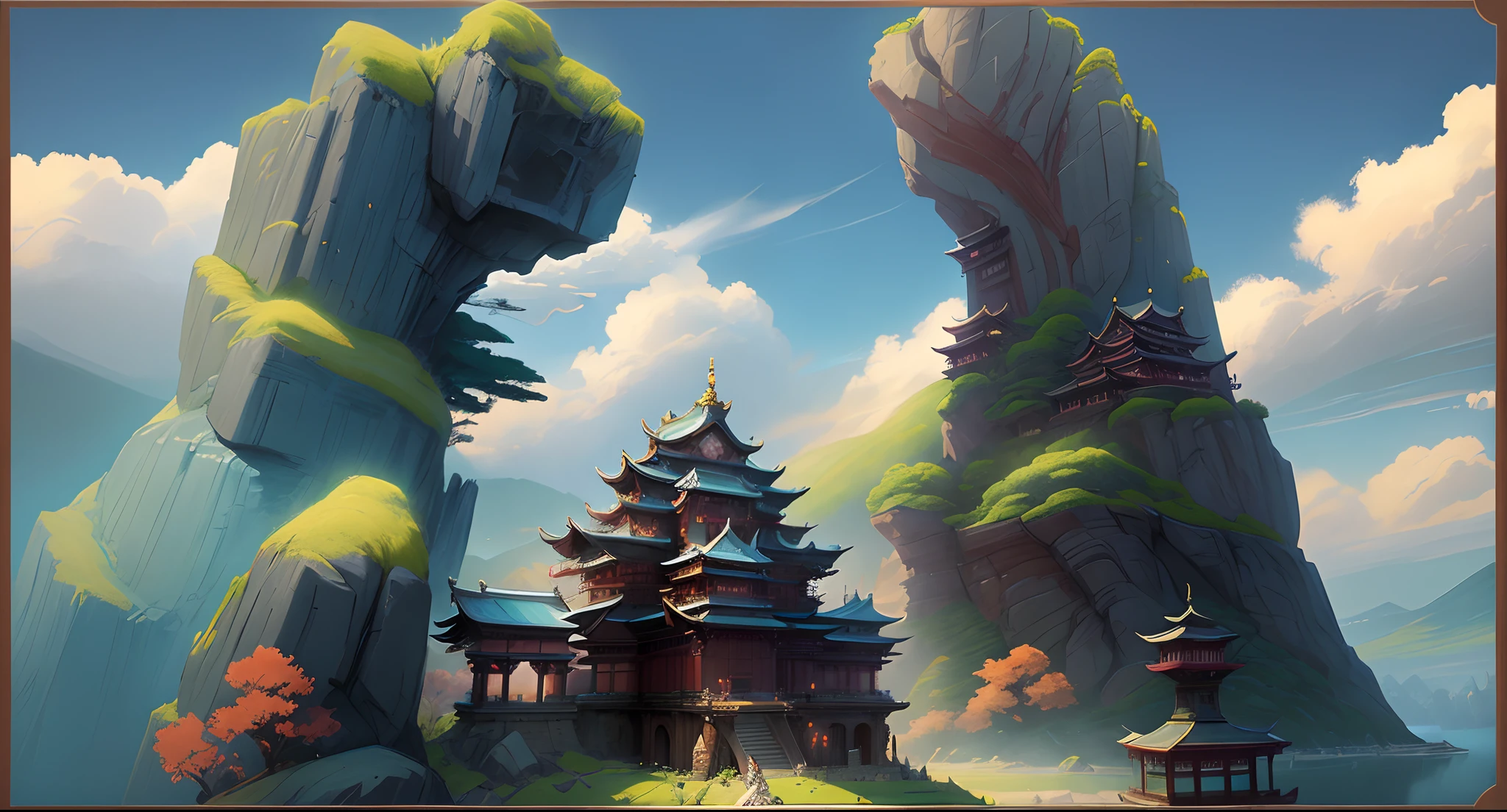 There is a photo of a castle in the mountains, legend of korra setting, Anime landscape concept art, Temple background, Anime landscape, ross tran. scenery background, Anime background art, beautiful anime scenery, Anime landscapes, anime beautiful peace scene, anime backgrounds, Onmyoji detailed art, beautiful anime scenes, traditional japanese concept art, arte de fundo