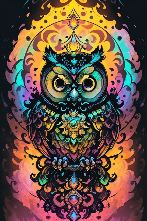 in the style of 0mib, adorable owl, prismatic shards, reflecting fractal circles, ink spatter, melting brush strokes, particles vortex, dramatic lighting, high quality, beautiful, masterpiece
