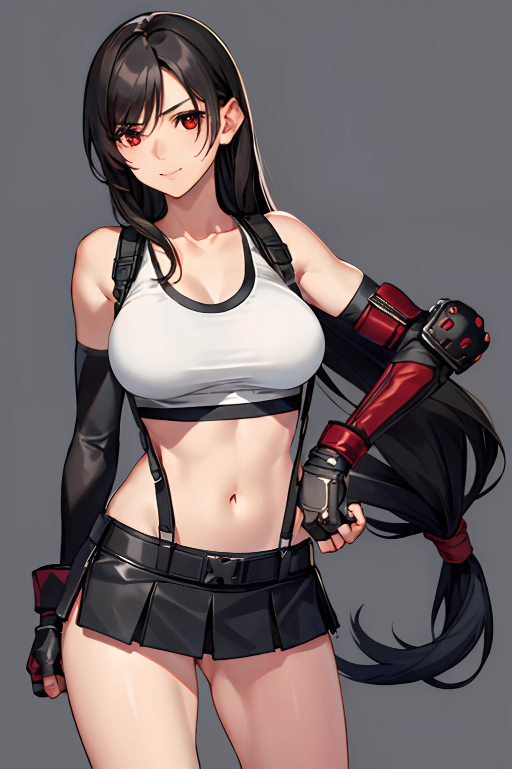 Tifa Lockhart, final fantasy vii remake, 1girl, bangss, bare shoulders​, Black bra, black gloves, A dark-haired, bra very, breastsout,  croptop, 耳Nipple Ring, elbowgloves, elbow pad,  fingerless gloves, gloves, greybackground, hair between eye, jewely, large full breasts, Light smile, length hair, Materia, Midriff, red eyes, The shirt, sleeveless, sleeveless shirts, 独奏, suspenders, Tank tops, undergarment、The upper part of the body、white  shirt、white tank tops