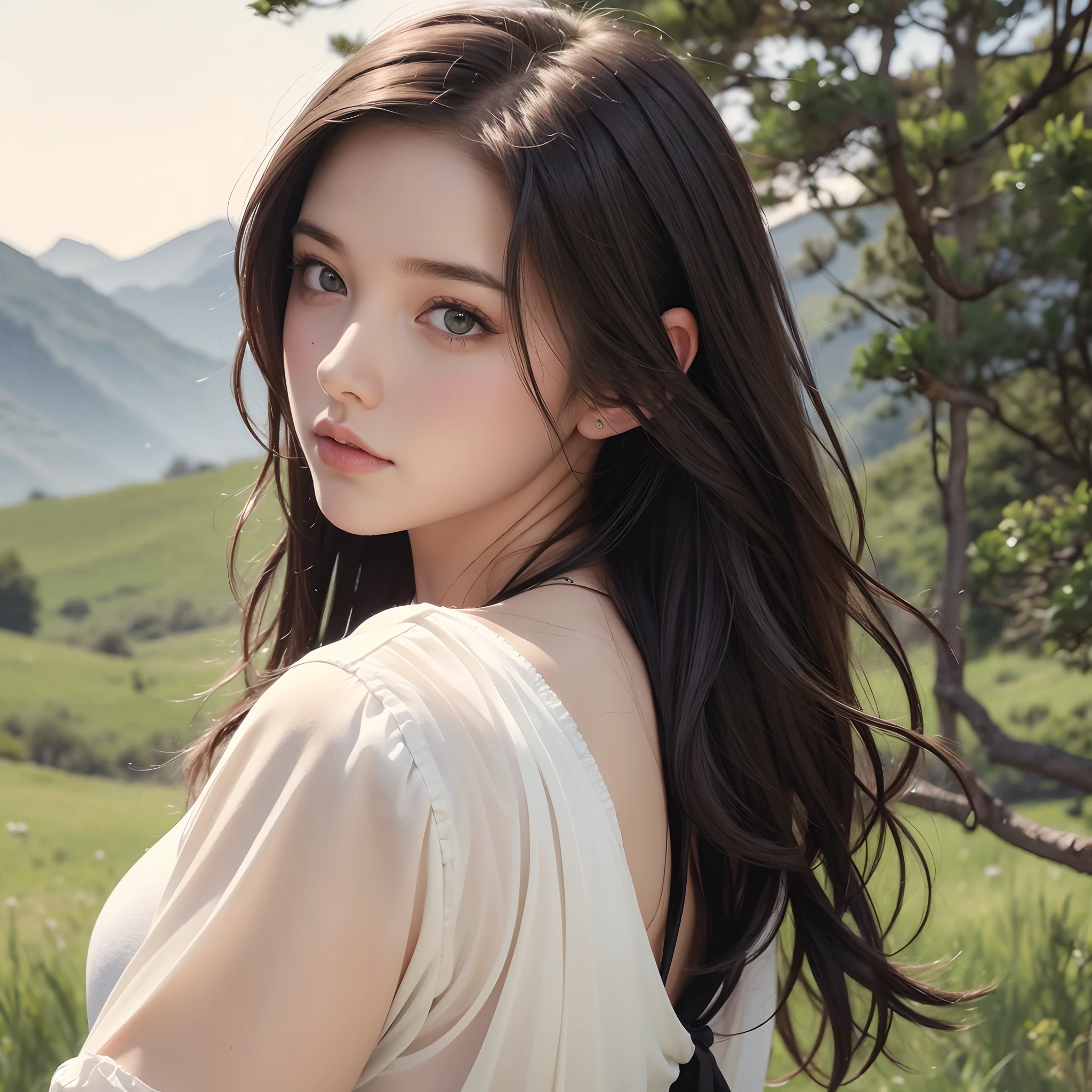Portrait of a girl, Pencil, watercolor paiting, Natural landscape background,
Gabriele Delrotte,Black clothe
