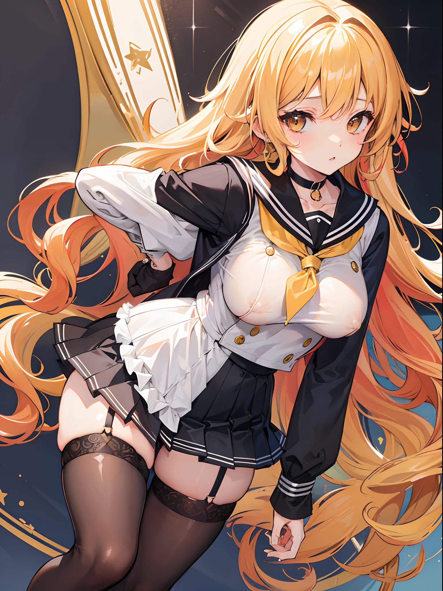 Light yellow slightly curly long hair，dishiveredhair，Brown eyes，，A busty girl with a super good body，Black sailor uniform，，choker necklace，gyuru，耳Nipple Ring，black lence stockings，