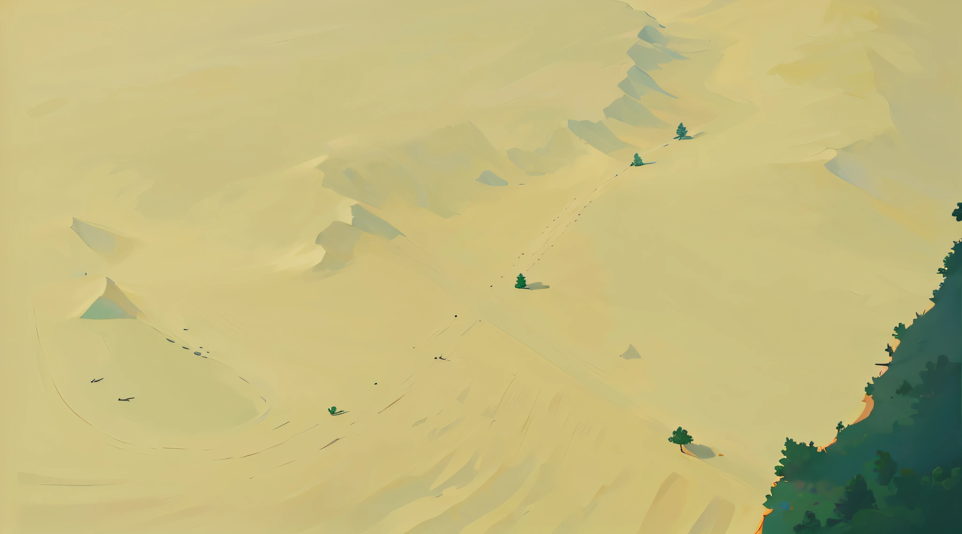 desert from above, empty sand ground, a dark forest in the corner, high angle, bird eye angle,
