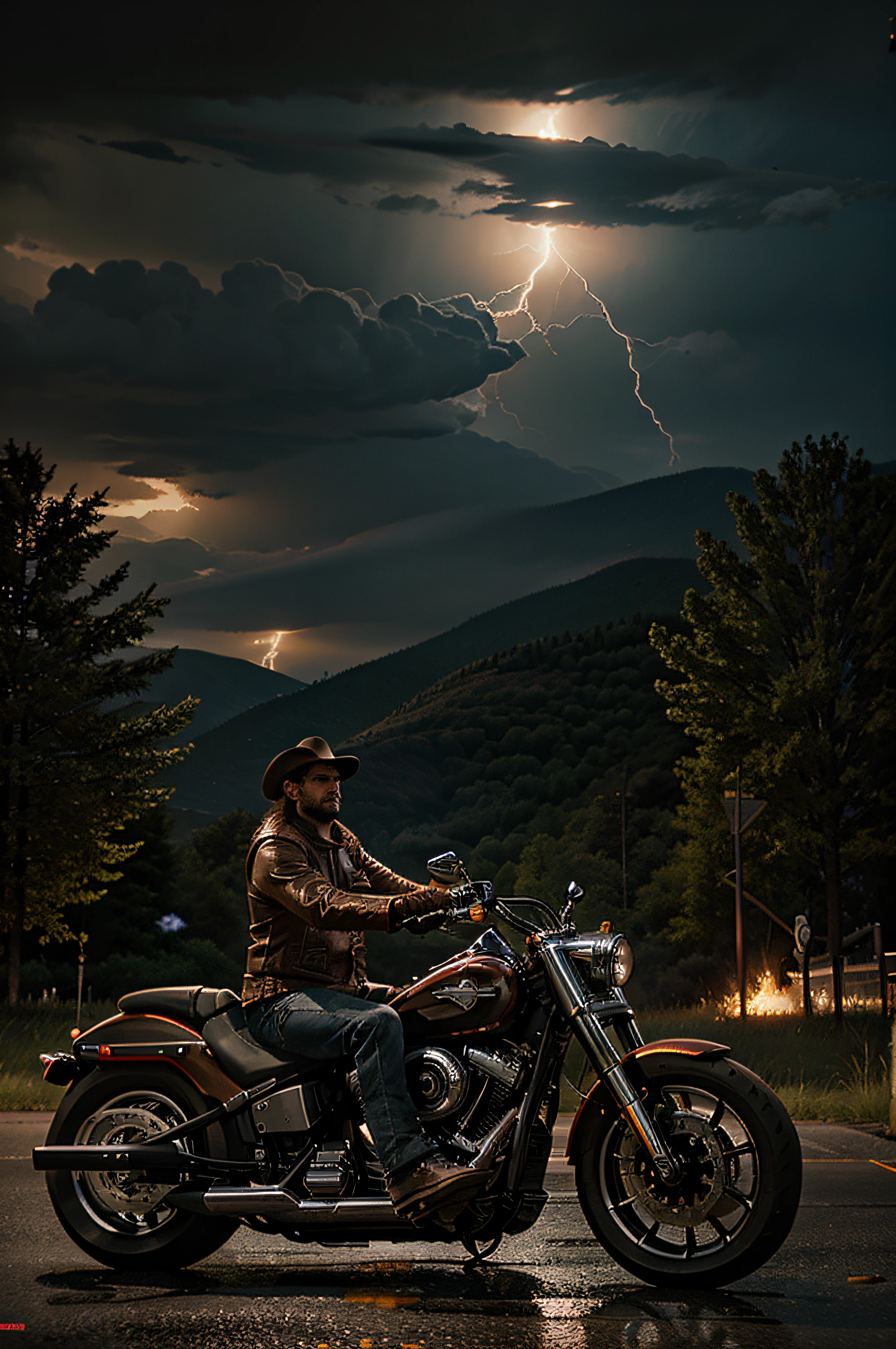 high quality, cinematic ray , realistic digital art illustration epic lightning, high detail,cinematic lightning, arthur morgan driving a harley davidson fat boy in flames