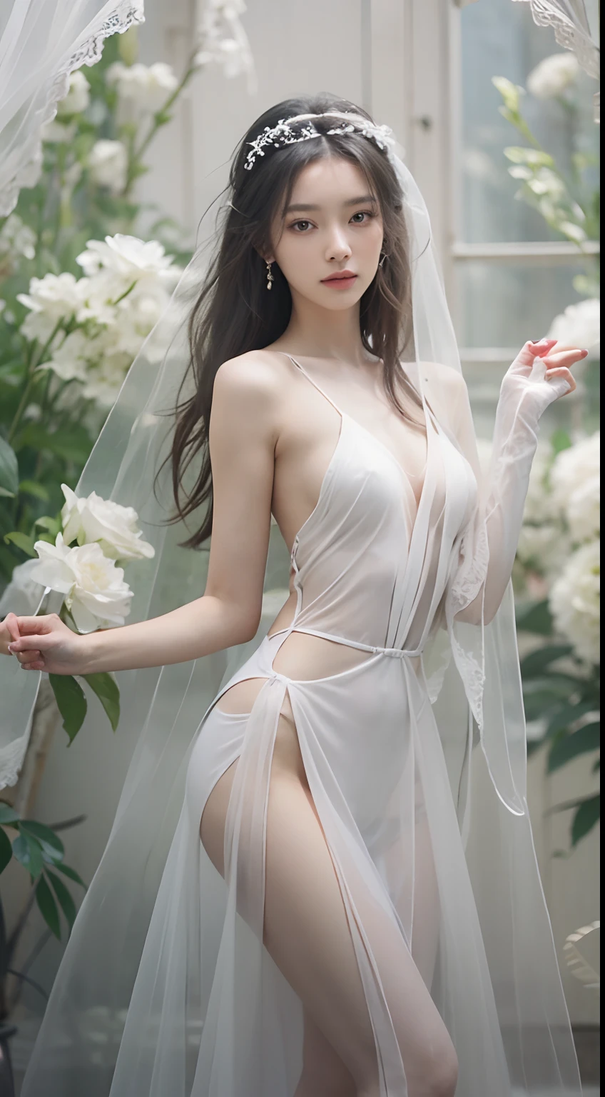 A girl, dressed in a transparent wedding dress, white transparent wedding dress, full body drawing, slim, long legs, beautiful, cute, naked, nsfw, realistic, ultra realistic, ultra high resolution, (photorealism:1.5), background blur, church, flower in hands, real skin texture, high and fine details, best quality, 32k, close to reality, hyper realistic, fine texture, real image like, masterpiece, photographic,