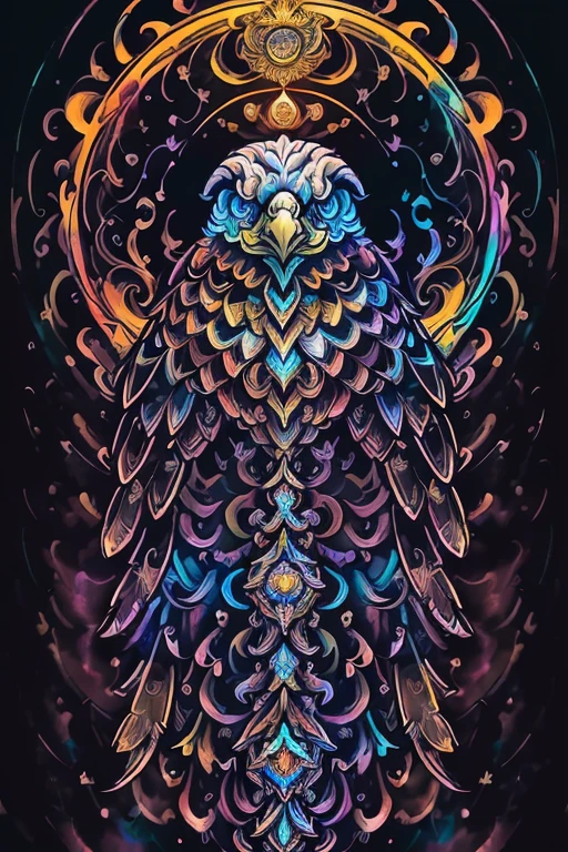 in the style of 0mib, adorable eagle, prismatic shards, reflecting fractal circles, ink spatter, melting brush strokes, particles vortex, dramatic lighting, high quality, beautiful, masterpiece