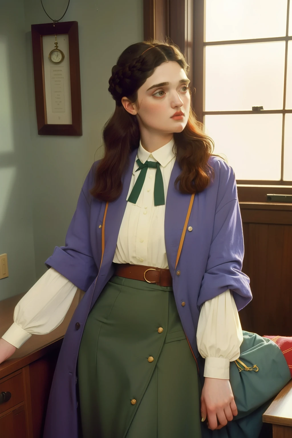 1995, massachusetts mountain village. Pre-raphaelite ((((40-year-old)) katie mcgrath)), doctor, going to work, ((((casual Clothing from the 1990s)))) ((Hairstyle of the 1990s)), ((Wes Anderson cinematic style)), colorful