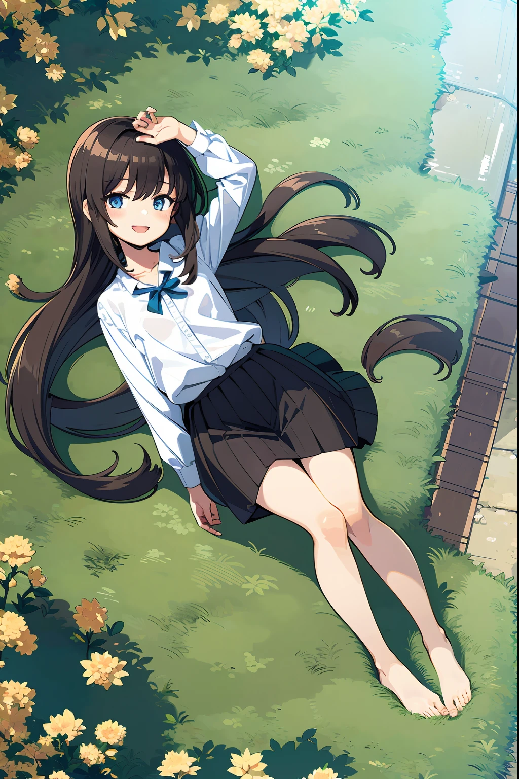 flower fiels, animw girl, black long hair, blue eyes, smile, white shirt, black skirt, barefoot, lying on the ground, top view
