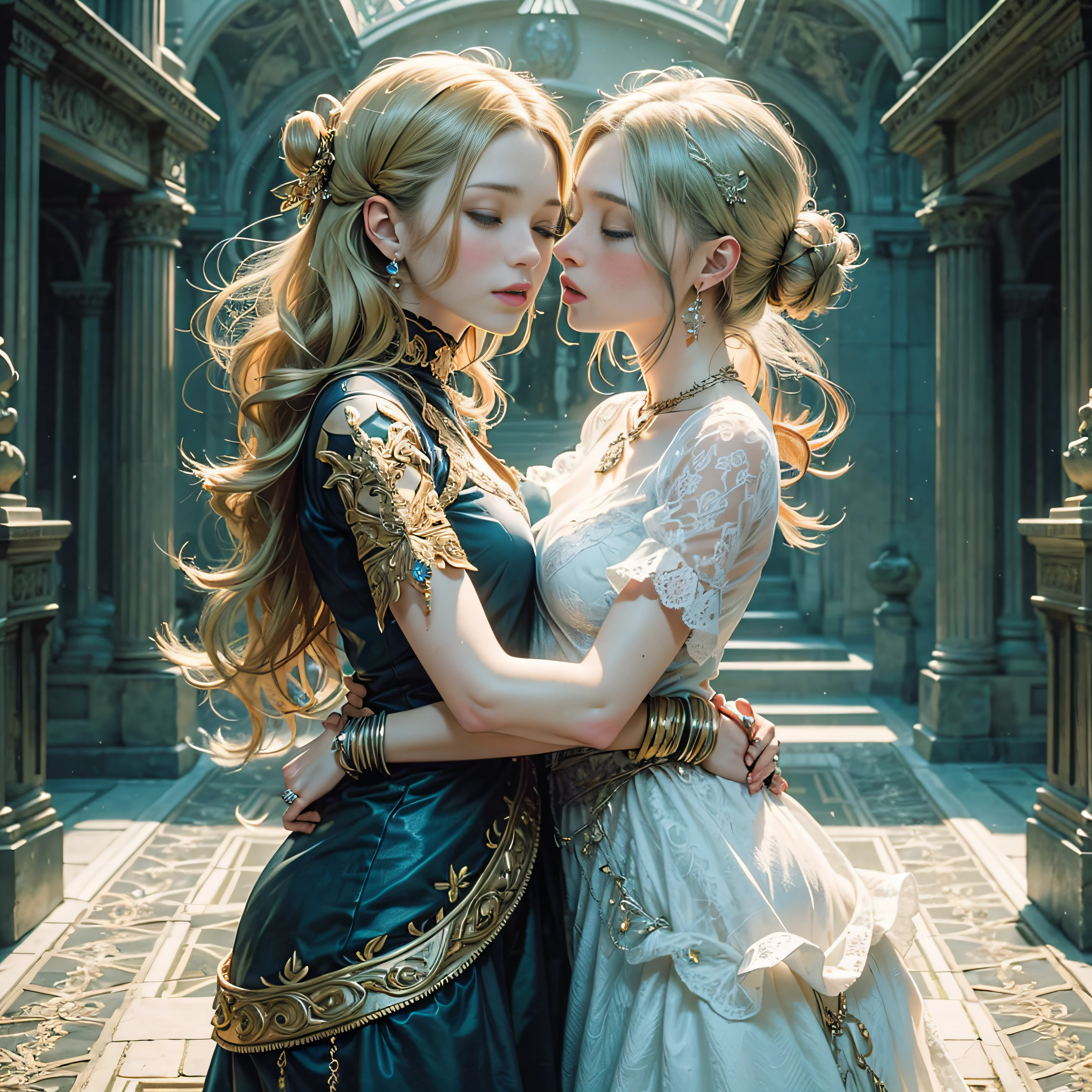 (realistic:1.3), finely detailed, UHD, (masterpiece:1.2), (photorealistic:1.2), (detailed skin:1.3), (intricate details), 2 white twin sisters (German) and lovers, embracing and kissing on mouths and feeling each other's small butts while their eyes are closed, blond hair, 20 years old, small breasts, very detailed clothes, big pale blue eyes, (tall), ((full anatomy)), standing, facing each other, dress, jewelry, full body