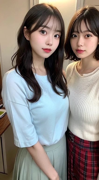 group shot of 3 girls, portrait of a japanese ,(Best Quality,4K,8K,hight resolution,masutepiece:1.2),Ultra-detailed,(Realistic,Photorealistic,Photorealsitic:1.37),cute-style,dian,Dribbling High Detail 8K,Studio Lighting - V 6, Randomly cute pleated skirt,Randomly cute clothes, Random Faces, Random curly hair, bangss, bare-legged