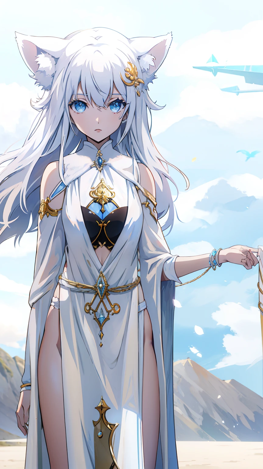 Neko Girl, orelhas de raposa, olhos azuis, white tunics, cabelos brancos, joias dourada, segurando uma bola de cristal, blue skies