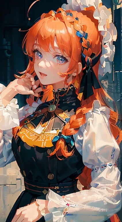 (Solo, 1girl), (masterpiece, highest quality, Super Detail:1.6), 8K, (orange hair), one braided hair, long skirts, high neck blouse, (front view, frontal face, from front, light from front), 30 years old, open mouth, :d, super fine illustration, extremely beautiful girl, (extremely detailed eyes), no rouge,