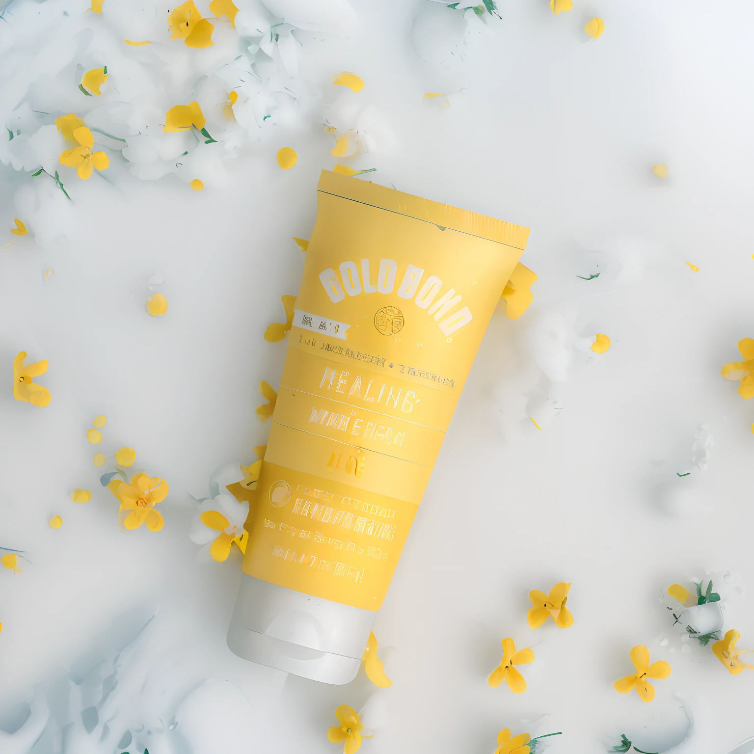 Scene picture,On the snow,Scattered with yellow osmanthus flowers,Osmanthus petals,Oyuki,Diagram of the advertising scene,high qulity,ProductAdvertisements,Makeup,