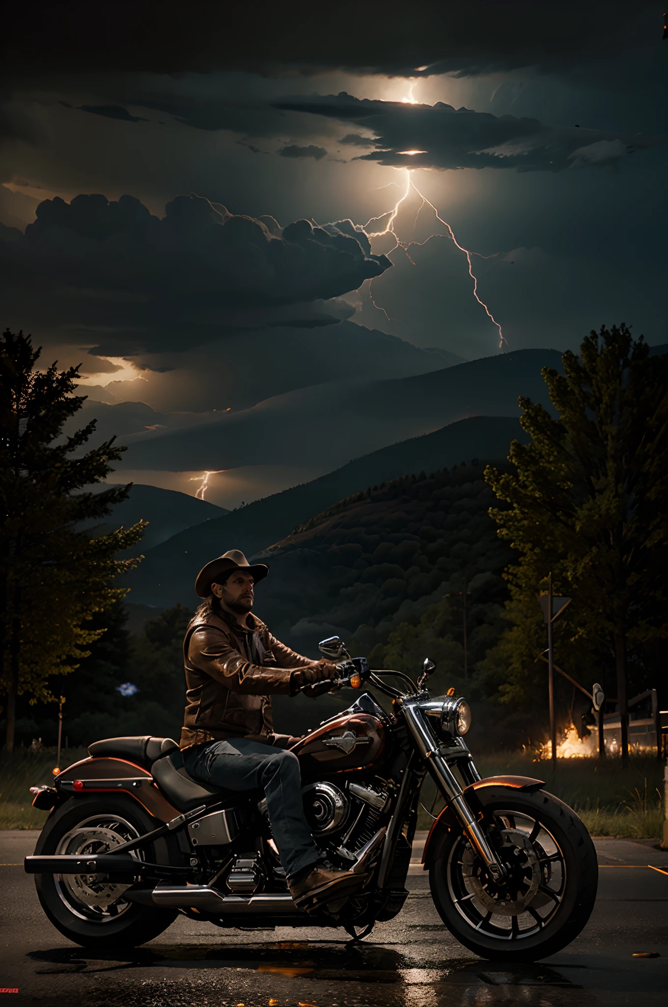 high quality, cinematic ray , realistic digital art illustration epic lightning, high detail,cinematic lightning, arthur morgan driving a harley davidson fat boy in flames