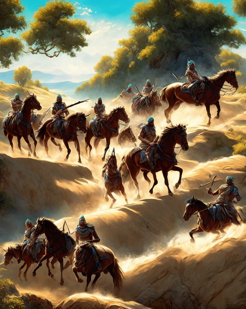 A breathtaking art piece showcasing the majestic landscape of ancient Mesopotamia, with rolling hills, golden sandy dunes, and a vibrant turquoise river flowing through the scene. In the foreground, a group of fierce Arabic warriors mounted on powerful horses charge forward with unwavering determination. Their armor gleams in the sunlight, adorned with intricate patterns and symbols of their proud heritage. The composition captures the dynamic energy and power of the warriors, while also highlighting the immense beauty and historical significance of the Mesopotamian landscape. Image must be at least 4 MP and vector previews at least 15 MP
