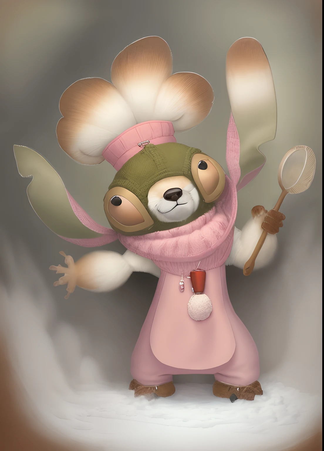 Painting by Jean-Baptiste Monge depicting a little shaggy fox girl, Dressed in warm knitted pink air dress with rescue gear on winter day with snow, , jean - baptiste monge, anthropomorphic --ar 2:3 --testp -optimistic;