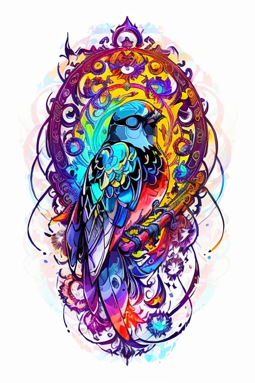 in the style of 0mib, adorable bird, prismatic shards, reflecting fractal circles, ink spatter, melting brush strokes, particles vortex, dramatic lighting, high quality, beautiful, masterpiece