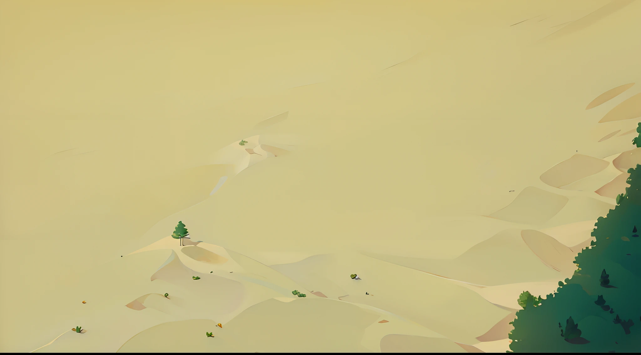 desert from above, empty sand ground, a green forest in the corner, high angle, bird eye angle,