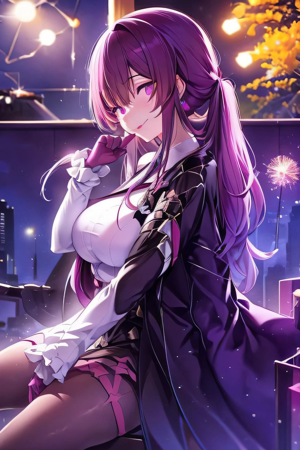 Kafka sitting on a balcony, night, colorfull lights, fireworks, full moon, skycraper, purple hair, purple eyes, portrait, tongue out, hided hands