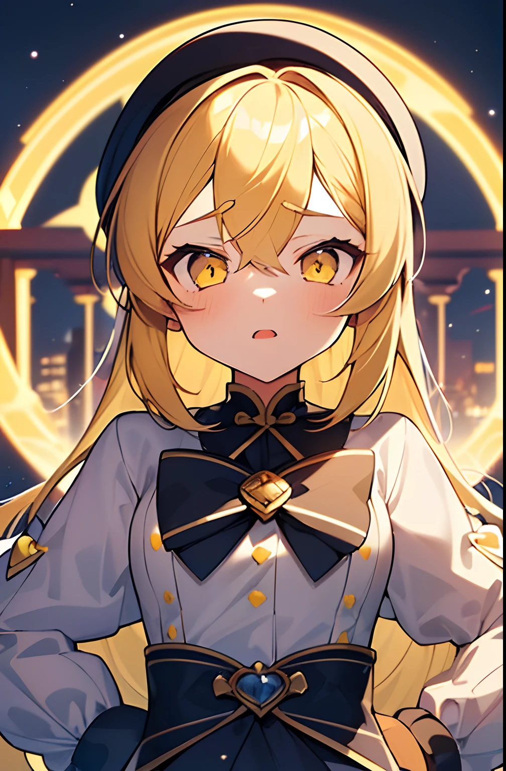 1girl. yellow hair.long hair.short stature. small breast.skirt. (((masterpiece))).(((best quality))).)((ultra-detailed))).(((illustration))). (((put your hands on your hips))).(((night view))).Magical girl costume.magic circles.open mouth.Sad face.beret