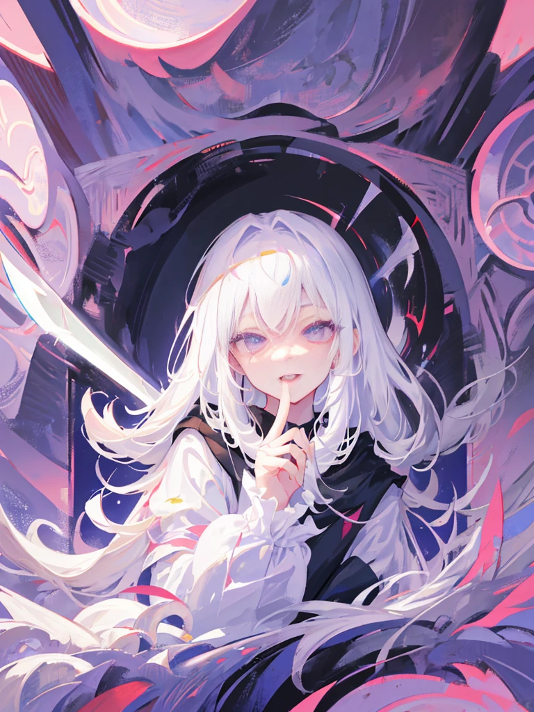 Front lens，sharp-focus，The upper part of the body，one-girl，flowing white hair，Detail hair，Refined looks，Lilac eyes，Evil laughter，lipsticks，Put your left hand in front of you，hold up two fingers，Sword finger