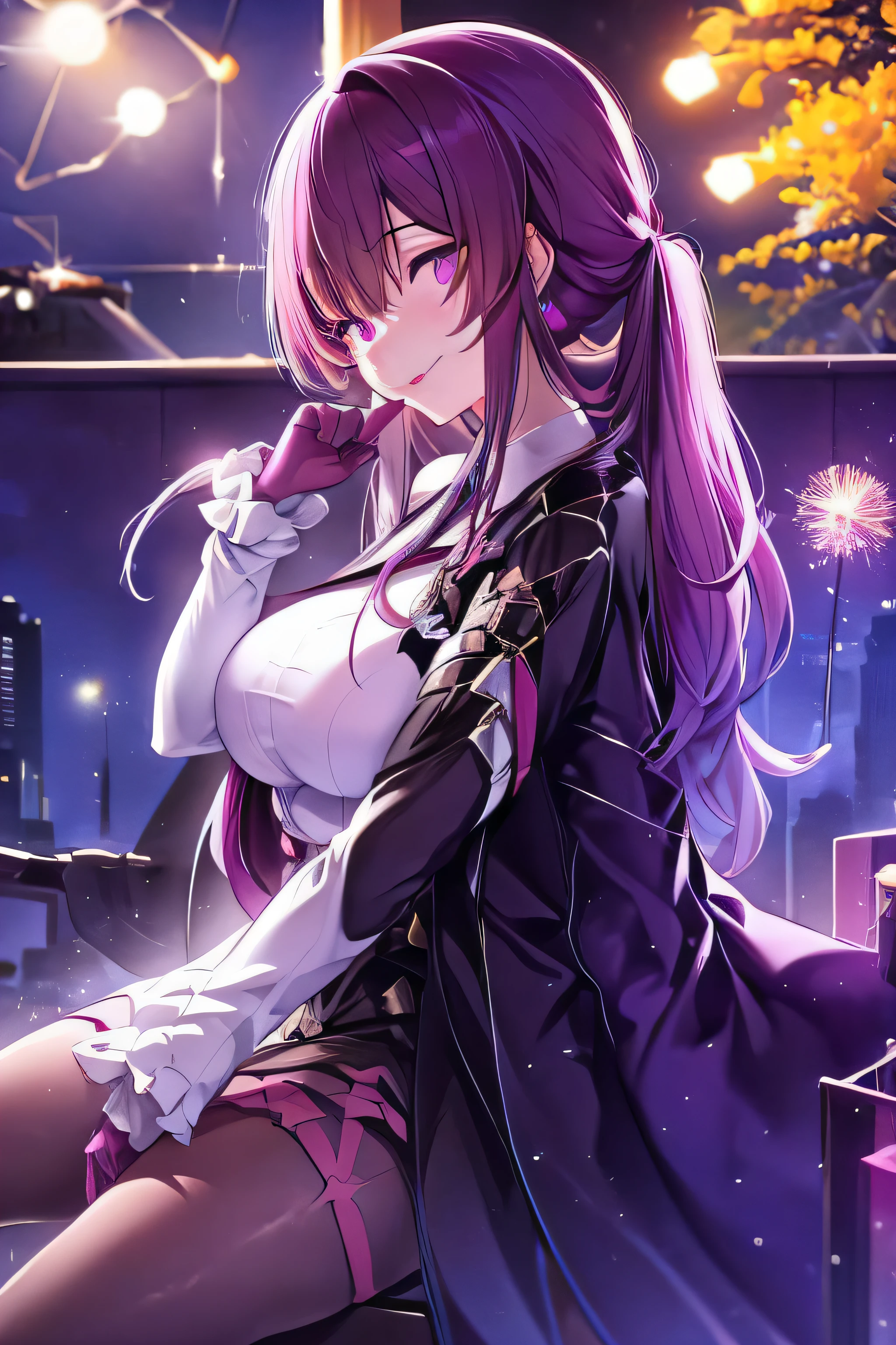 Kafka sitting on a balcony, night, colorfull lights, fireworks, full moon, skycraper, purple hair, purple eyes, portrait, tongue out, hided hands