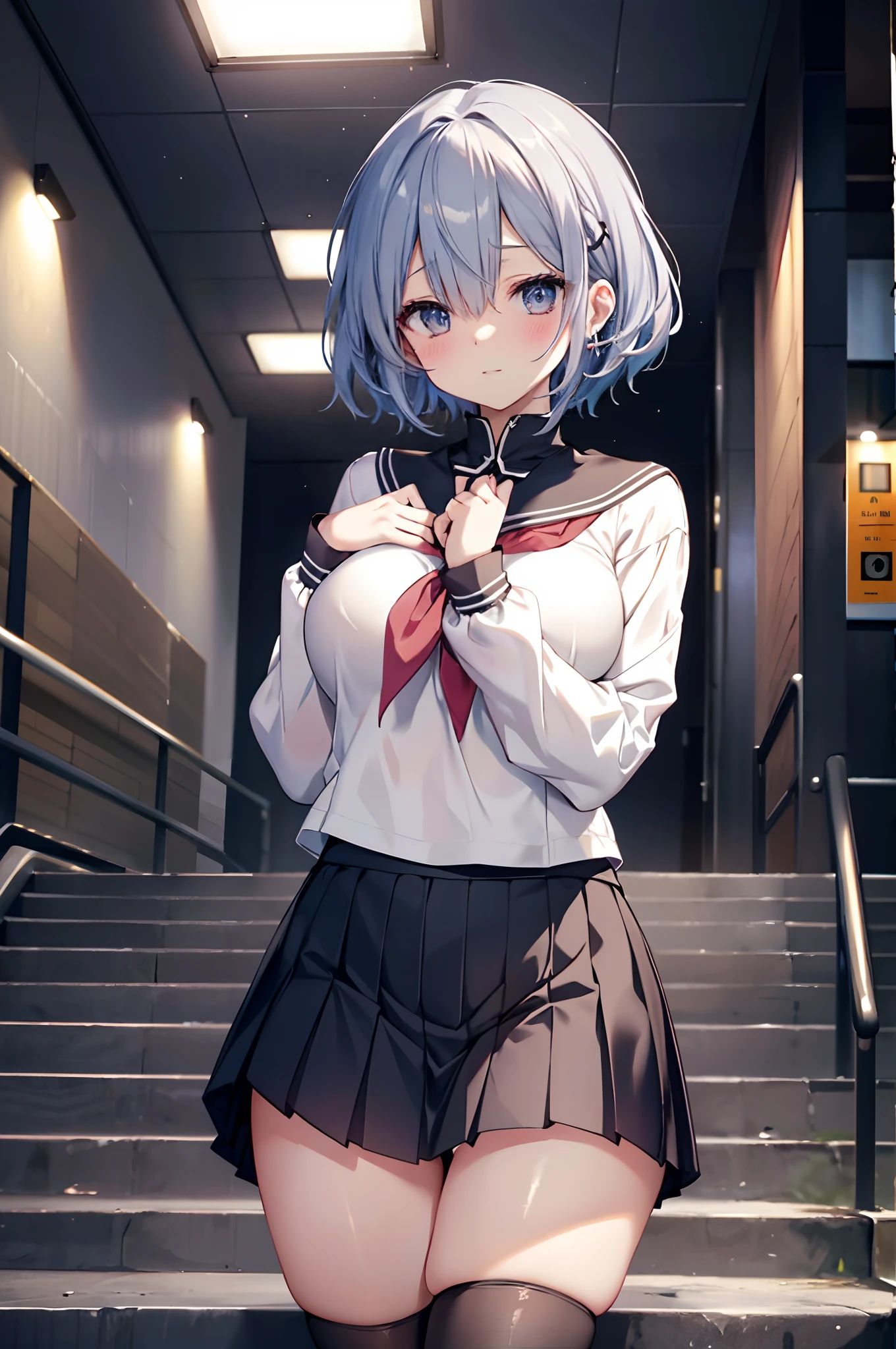 masterpiece, Highest quality,Strange beauty secretary, Full pose,ミニskirtと脚を組んだ, Silver Hair, Yandere, Scissors, Knee socks, 血 stain, Long Hair, skirt, pleated skirt, crazy smile, Grin, chest, smile, View your viewers, pantyhose, Long Hair, crazy eyes, crazy, He puts his hand to his chin with a malicious smile., ババンとsalivaを飛ばす, Devilish laughter, Deep and creepy eyes, dark ambient, Illuminate, Hollow Eyes, 邪悪なsmile, saliva, Covering the face with hands, Anime Style, Anime Style, Backlight, Blurred, Ultra Wide Angle, From below, 1080P, masterpiece