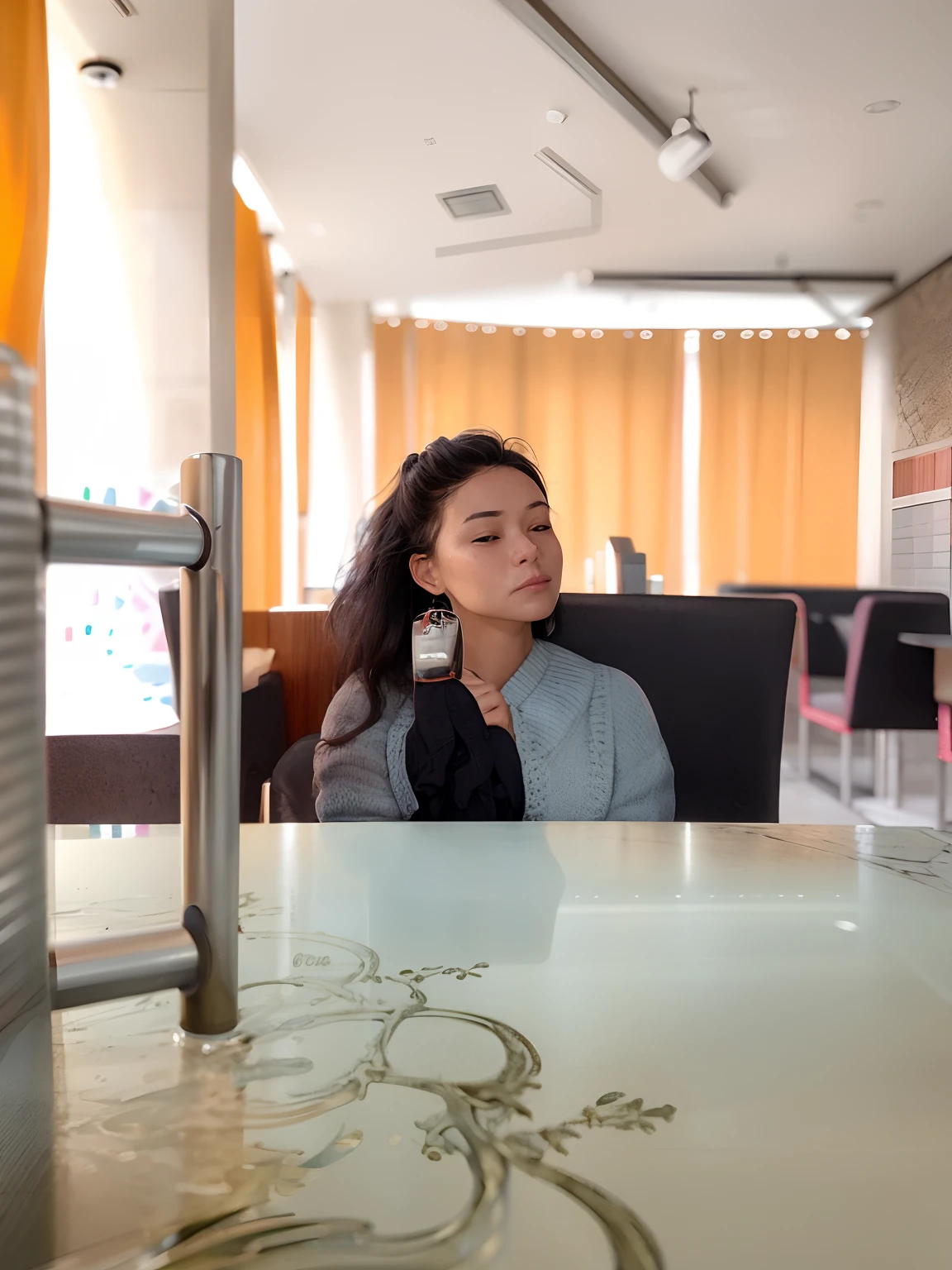 there is a woman sitting at a table with a glass of water, sitting in a cafe, candid picture, sitting in a cafe alone, she has a distant expression, taken with the best dlsr camera, candid portrait, deep in thought, with a sad expression, in a coffee shop, taken with a canon dslr camera, candid shot, sitting alone in a cafe