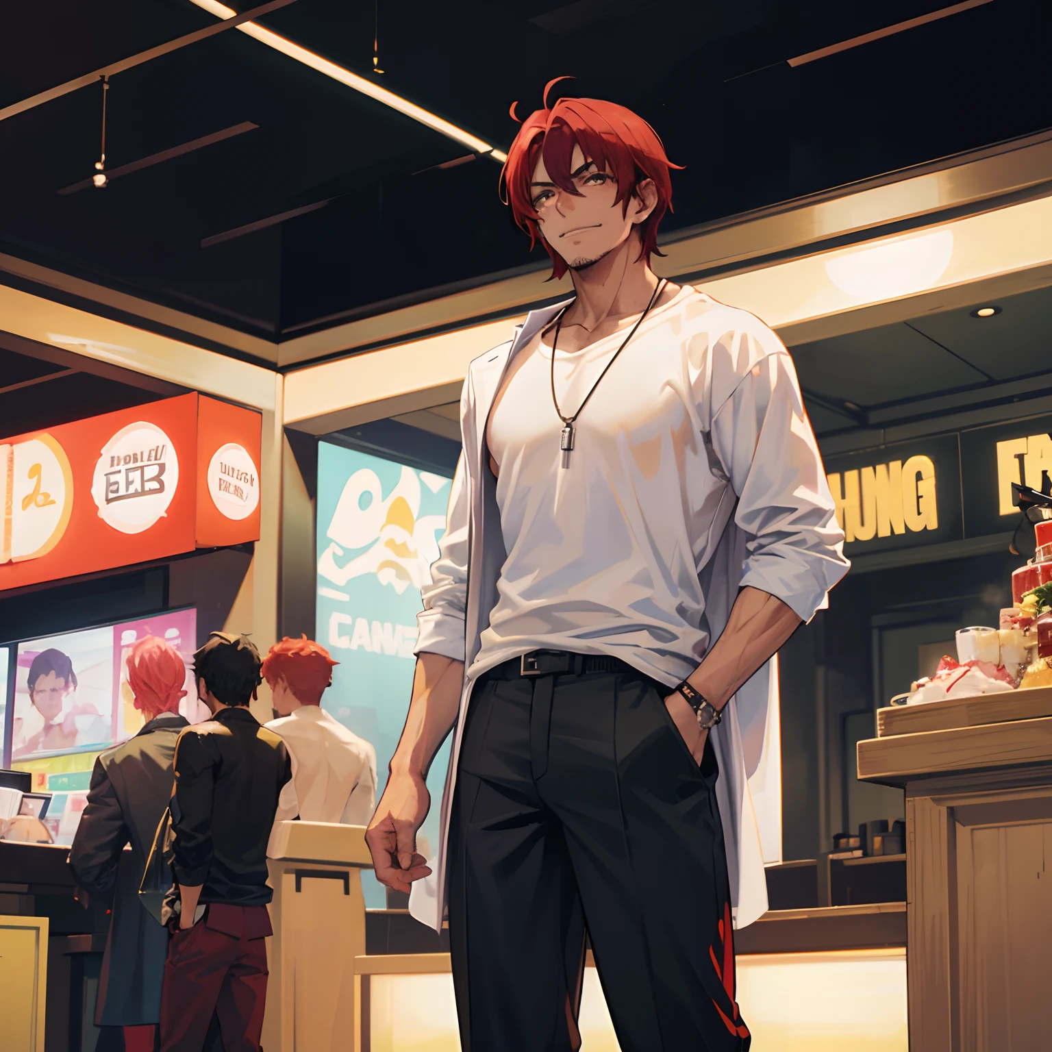 Tall man, confident smile, tan skin, pale red hair, light stubble, high, partially closed eyes, relaxed look, black jacket, black pants, white shirt, green necklace, golden ring, black boots, strong, swept back hair, light stubble facial hair, standing in a casino, alone, standing straight up, full-body shot, casual clothes, white tank top, ruggish, raggedy, poor, rough, tough, baggy clothes, closeup, muscular buff, bulky, lean athletic physique, lean physique, gangster, black coat:1.2, 1man:1.3, swept back hair, well maintained hair, pale red hair, light stubble facial hair, short hair, 1male, 1boy, 1man, alone