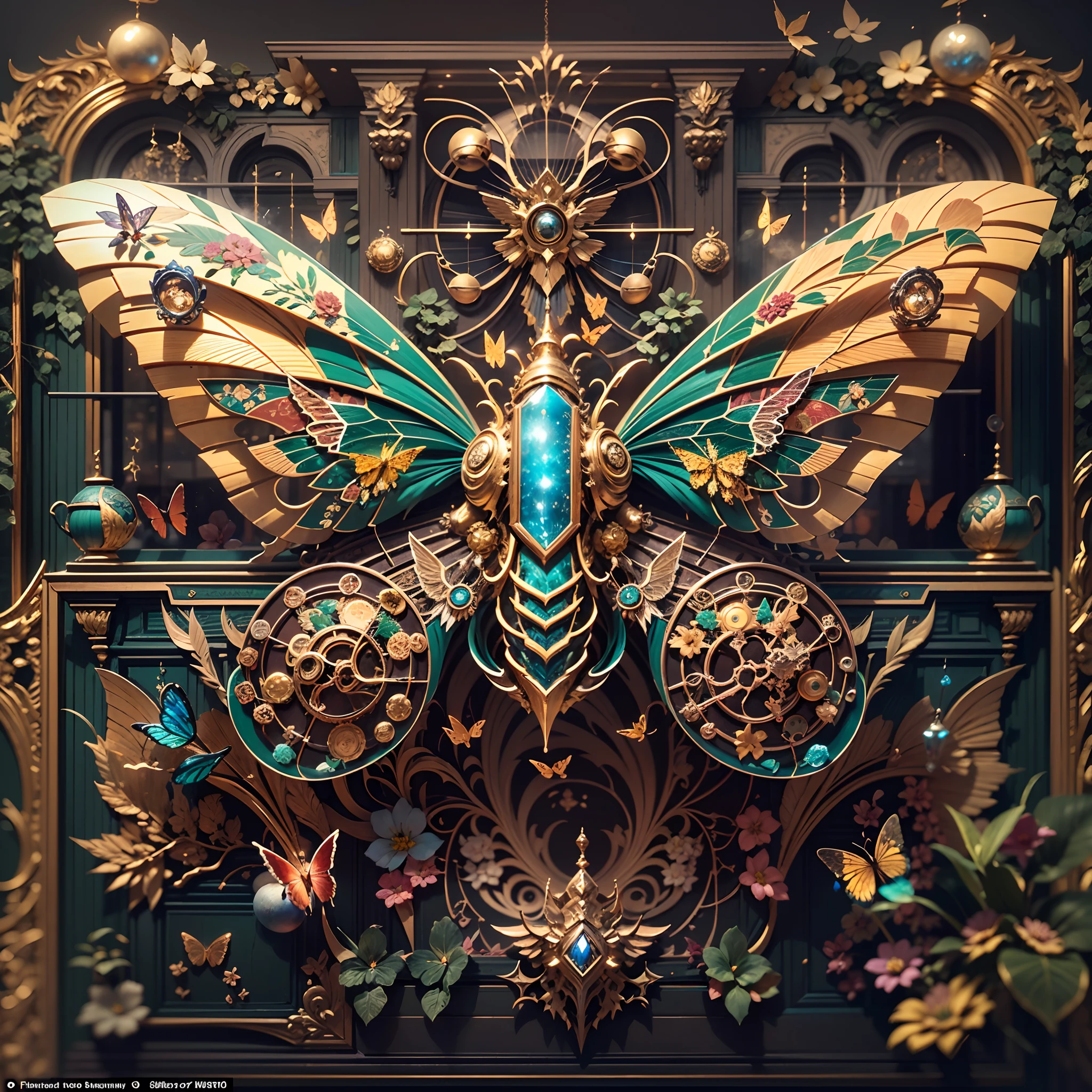 in a panoramic view，photorealestic，A giant golden mechanical butterfly flies through space，The modular composition of the whole body gold machinery，Gold and precious metal casting，The colorful wings are made of gold thread，It features charming Ottoman decorative motifs，Set with luxurious gemstones in a variety of colors，High-tech wings，Tail bomb propulsion，Decorated with diamonds，The huge wings are densely covered with extravagant ornaments，Giant mechanical butterfly，Fly over the galactic starry sky，There are fighters around，Perfectcomposition，the detail，The light and shadow work best，HighestQuali，This CG-rendered realistic painting gives a grand scene and visual impact，Let the viewer feel a wonderful and magnificent sci-fi world。Epic，detail-rich，It forms a spectacular sight，Use Pixai to bring powerful AI models to life, Show the limitless creativity and possibilities of our imagination. Experience the future of the cityscape at Pixai，Immerse yourself in a visionary world of art，the detail, Masterpiece, Best quality, 8K, (Oily skin, cell-shaded:1.3), line art in colour, (The art of Maciej Cuciara:1.15), art of greg rutkowski，Intricate details, finetextures, Surreal，Perfectcomposition，A detailed，Cinematic texture，realisticlying，photorealestic，HighestQuali，，Version tone mapping， highly  detailed， Smoothness， Sharp focus， Beautiful illustration， Epic effect，photore， The light from the back window is backlighted， 动态照明， Mist， 复杂， filmgrain， professinal，，Volumetriclighting， subsurfacescattering， Good highlights， Good shadows， cinematic ligh，Beautiful studio soft light，rim-light，ellegance，beatiful background，rendering by octane，HR Giger style，8K，top Quority，tmasterpiece，illustratio，smooth and beautiful，highly  detailed，CG wallpaper，（realisticlying，Fidelity：1.37），outstanding，Exquisite details，tmasterpiece