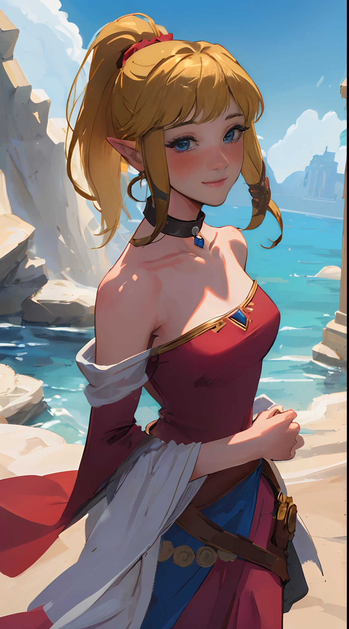 NSFW. kara, short blonde hair, blue eyes, ((Nude)), large breasts, red shoulder cape, squatting, full body, solo, morning, deserted beach with cliffs, cloudy sky, serious, (insanely detailed, beautiful detailed face, masterpiece, best quality)