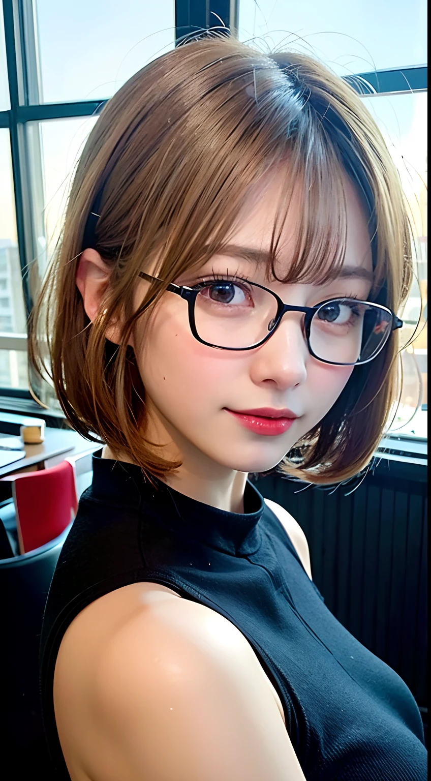 (8K, Raw photo:1.2), Detailed face and eyes,Best Quality, 超A high resolution, Highly detailed ,intricate detailes ,masutepiece ,Cute Girl , Soft cinematic light, Hyper-detailing,Sharp Focus, High quality, Blonde hair, bob cuts, tits out, a miniskirt, eye glasses, read a book,swim wears