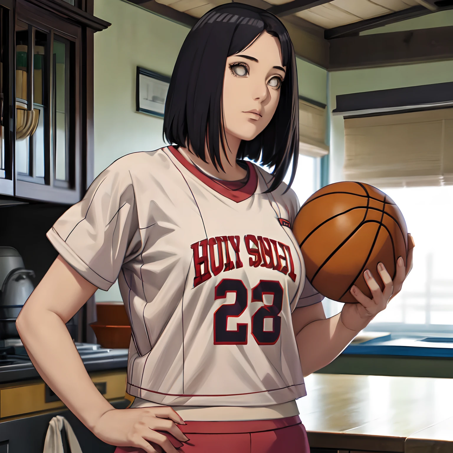 1 girl standing, wearing basket ball shirt, very detail, realistic, holding ball, 27 years old, long hair