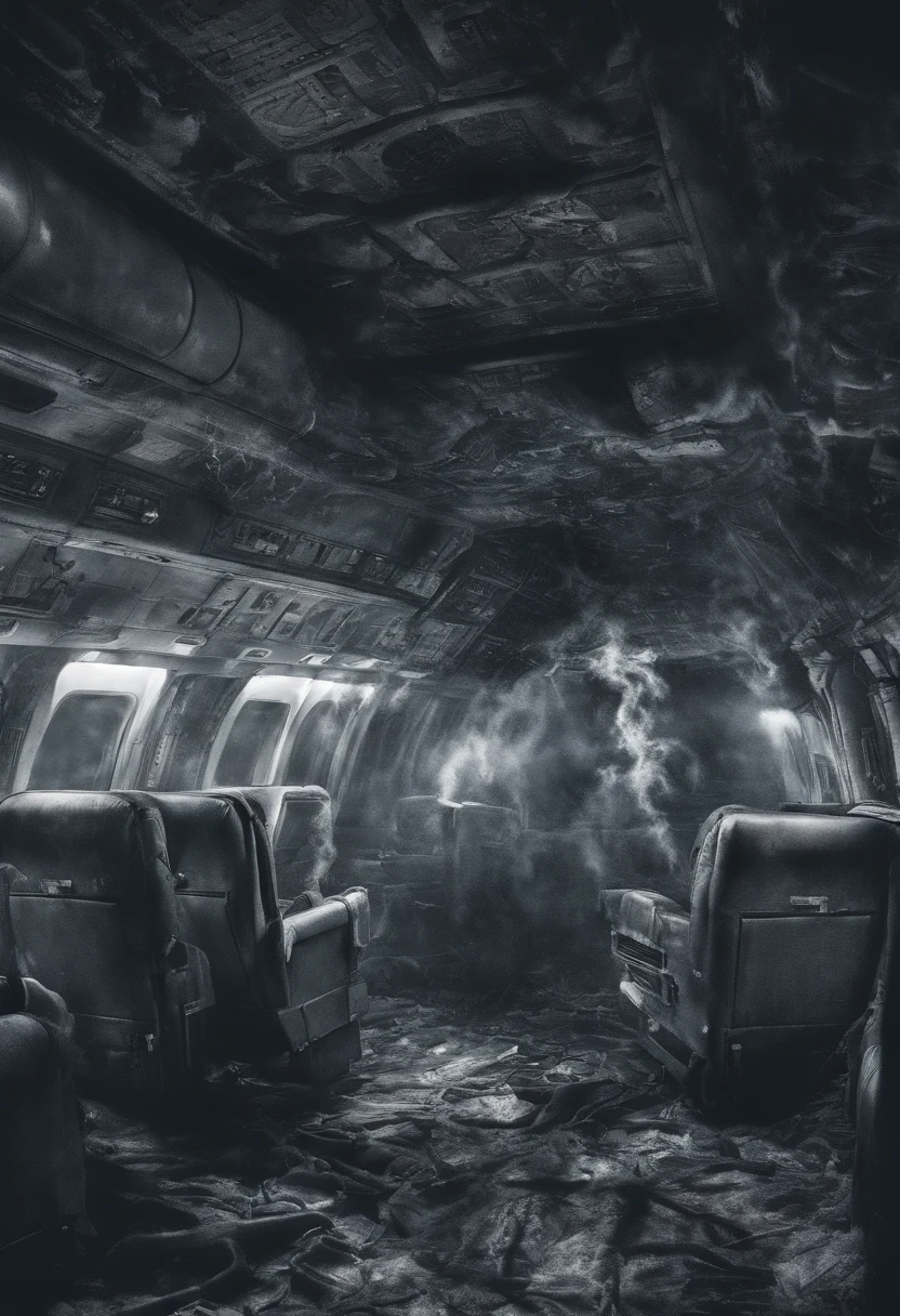 horror scene from a movie, black ghost figures semi transparent apparitions floating and flying, smoke on the floor, inside a boing 747 plane