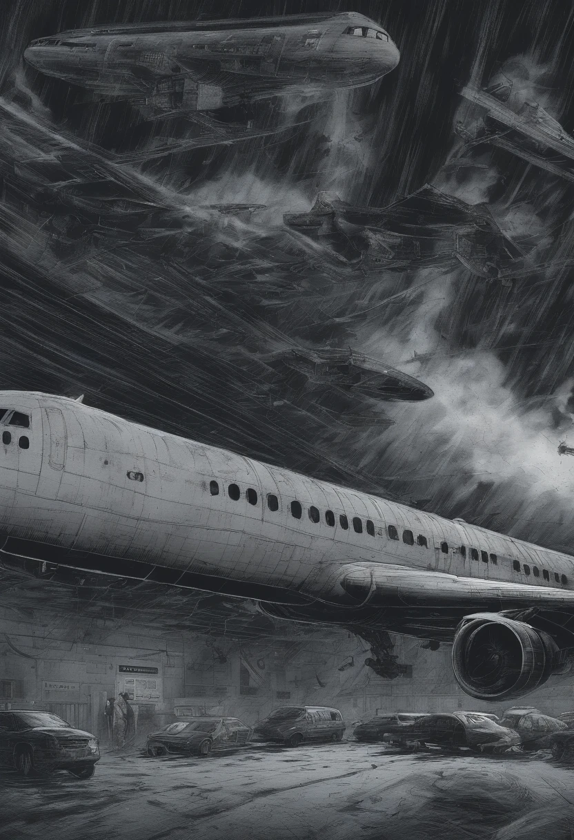 horror scene from a movie, black ghost figures semi transparent apparitions floating and flying, smoke on the floor, inside a boing 747 plane
