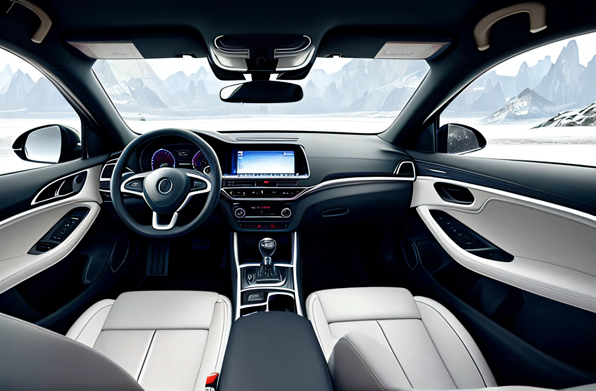 Close-up of a car dashboard with a steering wheel and touchscreen, the console is tall and imposing, glowing blue interior components, inside car, inside a grand, nanquan, conceito, indoor background, Highly detailed interior, full view of a car, 🦑 designs, F 2. 0, ji-min, efficiently, Advanced technology，and the sun was shining brightly，White rendering，The whole is milky white