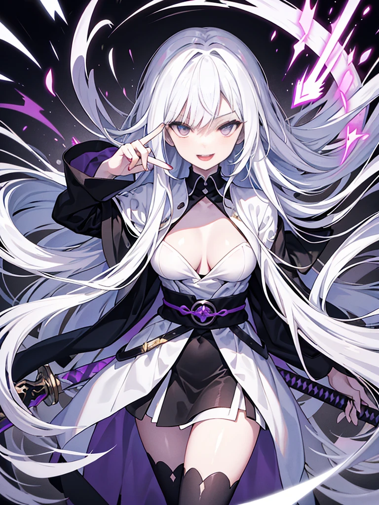 Front lens,sharp-focus,The upper part of the body,one-girl,Black and white robes,flowing white hair,Detail hair,Refined looks,Lilac eyes,Evil laughter,lipsticks,Put your left hand in front of you,hold up two fingers,Sword finger