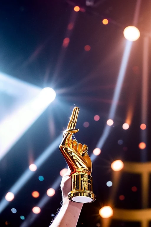 metallic middle finger sticking at the top fo a golden trophy, seen from front