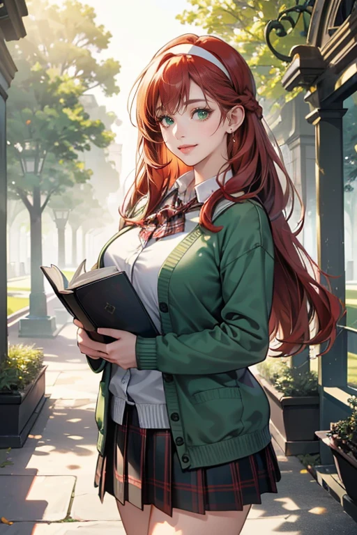 (tmasterpiece,high resolution，ultra - detailed:1.0),1 girl,(adult female), eyes looking to camera,Perfect female body, Delicate eyes and delicate face,Extremely detailed CG,Unity 8k wallpaper,Complicated details, solo person, Detailed face, (cardigan,plaid skirt,beige hair,hair band,Holding book),university building,out door,Flowers and trees,college,color difference, Depth of field,dramatic shadow, Ray tracing, Best quality, Cinematic lighting, offcial art, green uniform, sharp green eyes, very long flowing red hair tied into half up-do, smiling at the viewer, holding thick books, plump juicy lips