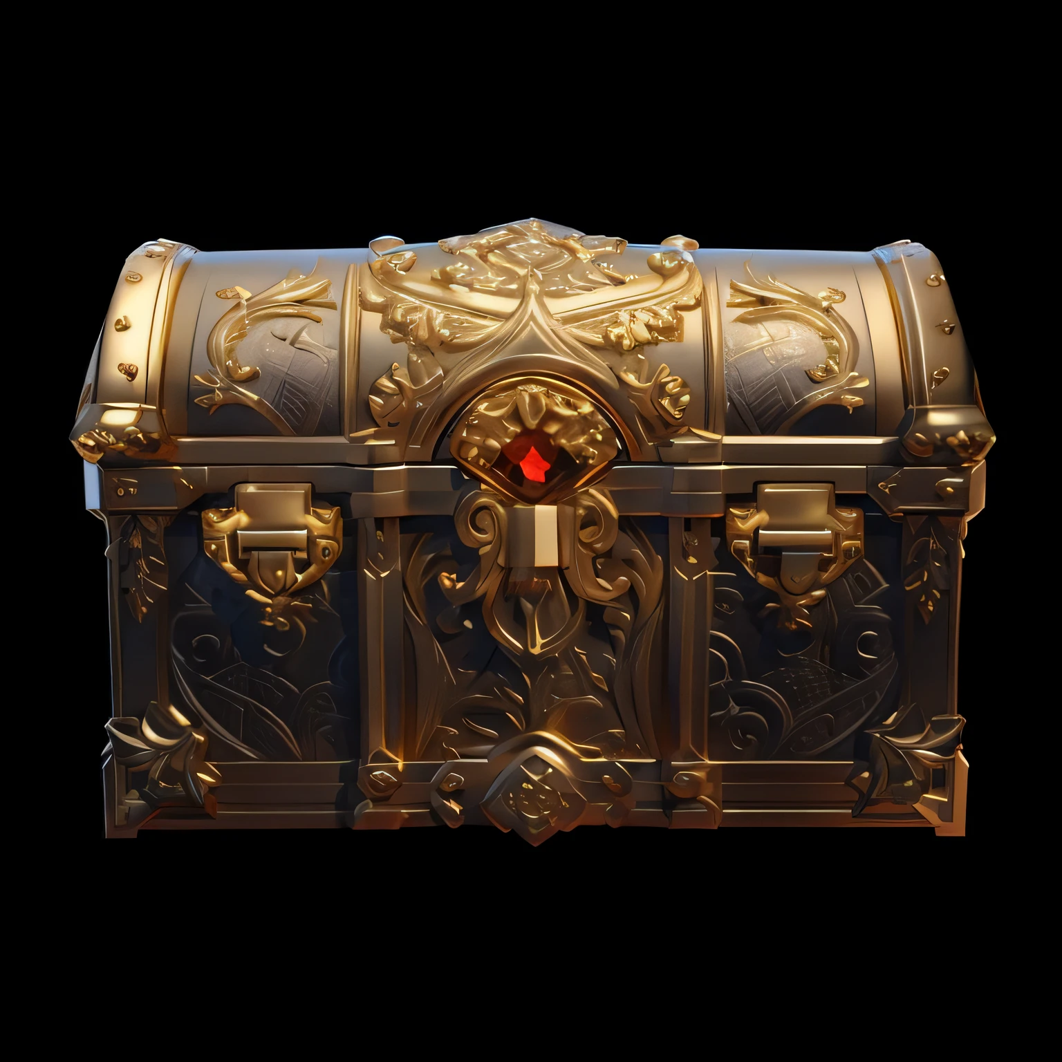 There is a gold box，European pattern，medieval treasure chest，There is a red gemstone on it,Treasure Trove,  3 d render stylized, game assets，Hyper-realistic