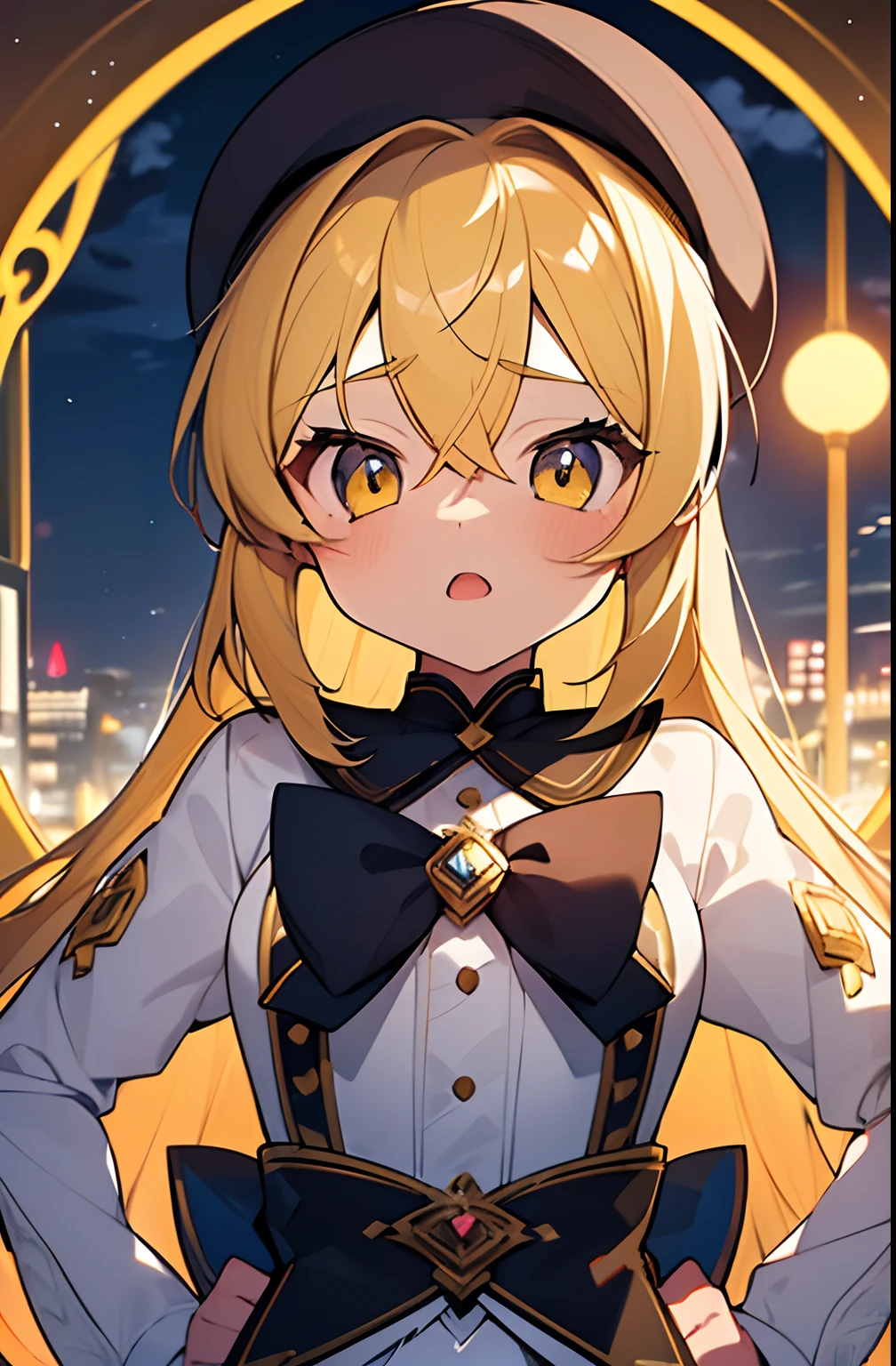 1girl. yellow hair.long hair.short stature. small breast.skirt. (((masterpiece))).(((best quality))).)((ultra-detailed))).(((illustration))). (((put your hands on your hips))).(((night view))).Magical girl costume.magic circles.open mouth.Sad face.beret