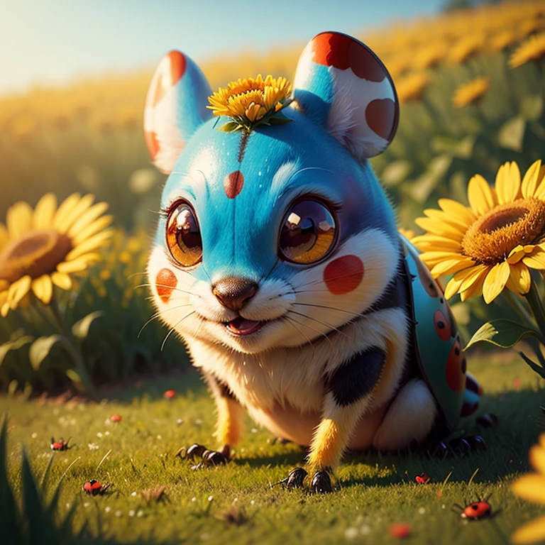 Close-up. Funny, cheerful Ladybug, super photorealistic, cinematic, Disney Pixar cartoon style, muted colors, slight haze. Blurred fantasy background of flower meadow. 8K