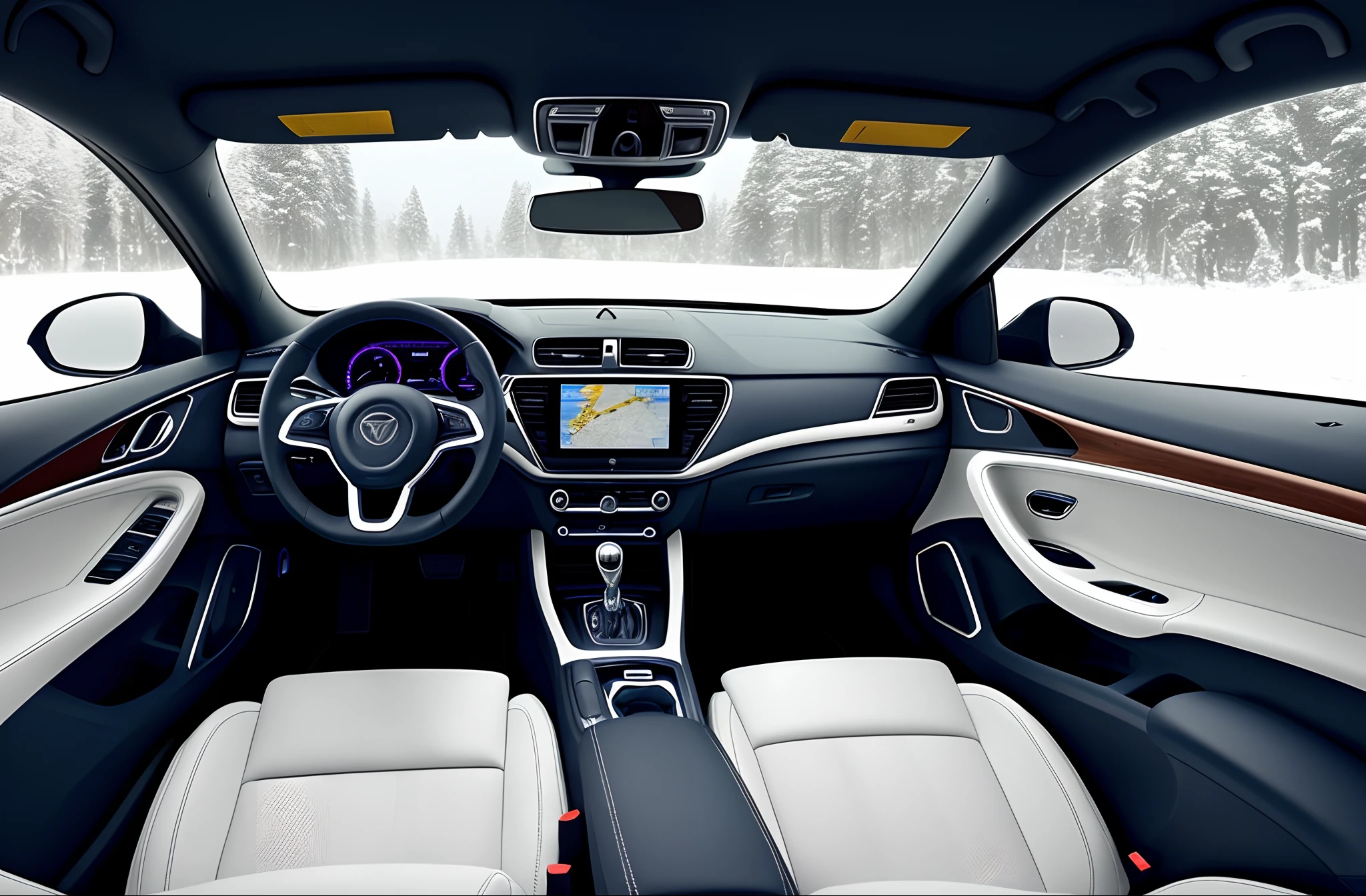 Close-up of car dashboard with steering wheel and touch screen, the console is tall and imposing, glowing blue interior components, inside car, inside a grand, nanquan, conceito, indoor background, Highly detailed interior, full view of a car, 🦑 designs, F 2. 0, ji-min, efficiently, Advanced technology,and the sun was shining brightly,White rendering,The whole is milky white,seal leather,Super detailed textures