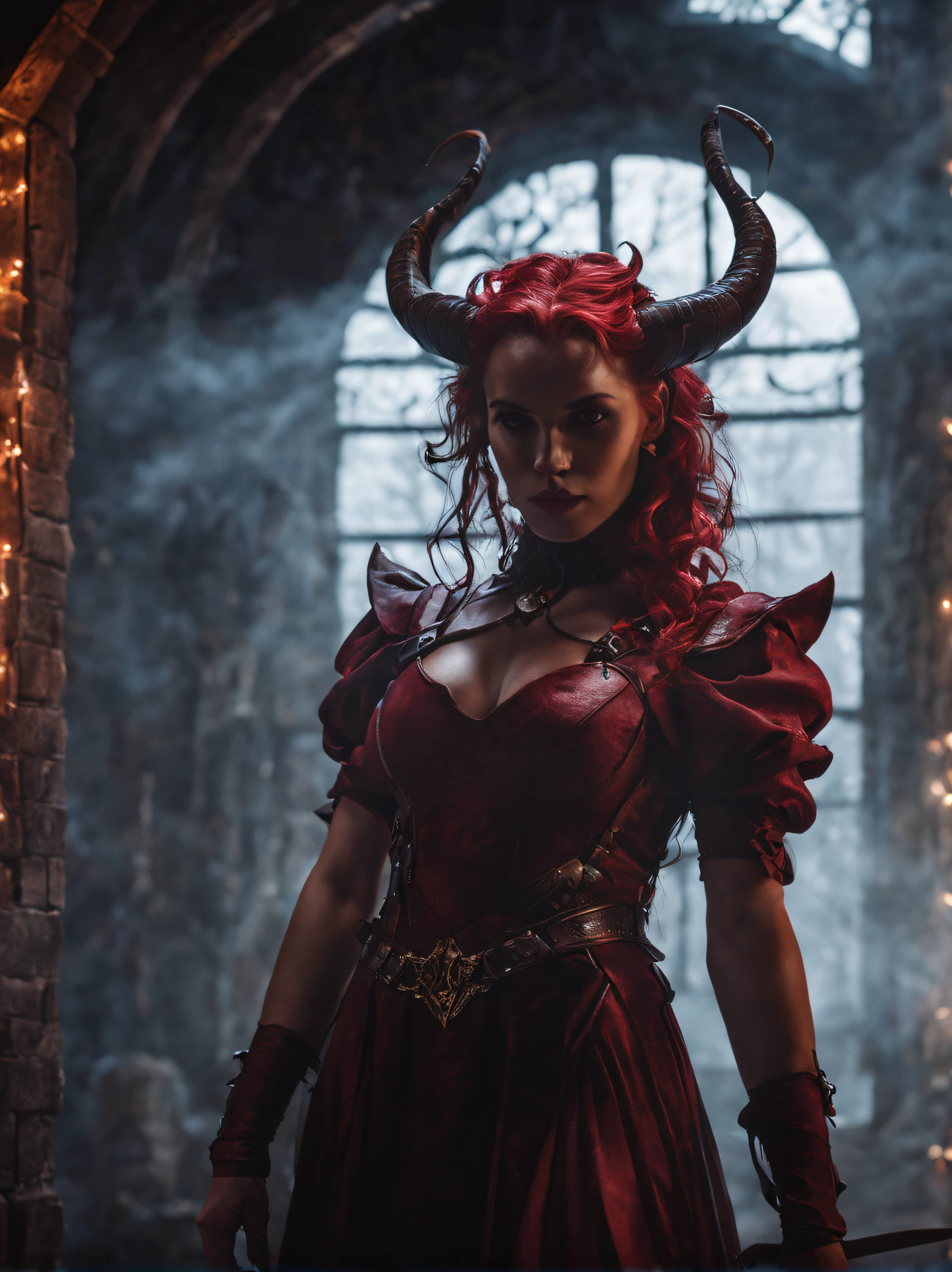 White Head Female, red warm skin tone,tiefling,standing in a haunted house , ethereal form, leather Armor,revealing dress, Fantasy Dream Art, mist silhouette, top view, light, mist, moody, fairy light vortices, windy, mysterious, orbs and fairy lights, glossy hair, earthy, vivid, light on face, cinematic, Film light, UHD, 16k