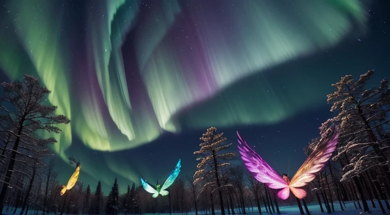High in the canopy, there exists a rare breed of birds—Aurora Flutterbirds. With wings shimmering like the northern lights, they flit gracefully through the upper branches, leaving trails of faint, glowing sparkles in their wake. These radiant creatures bring a sprinkle of magic wherever they go. As night falls, they come together in a mesmerizing display, creating a celestial dance of colors that paint the night sky. The forest dwellers, from the wise old owl to the playful squirrel, gaze upward, enchanted by this celestial ballet. The flutterbirds' dance casts a spell of tranquility, ensuring that all beneath their colorful spectacle are embraced by the most delightful dreams.