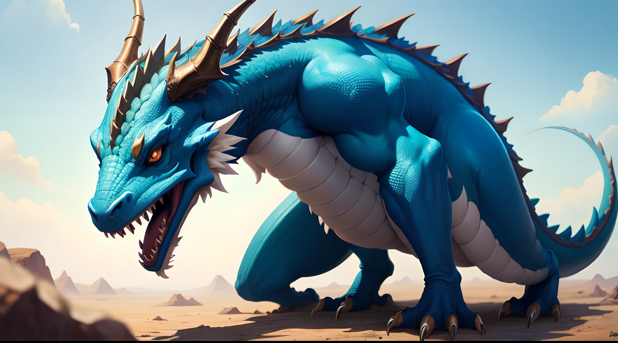 Dragon humanoide con traje de caballero de color azul grisaseo