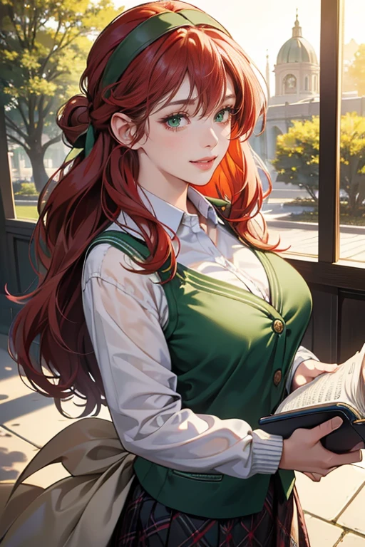 (tmasterpiece,high resolution，ultra - detailed:1.0),1 girl,(adult female), eyes looking to camera,Perfect female body, Delicate eyes and delicate face,Extremely detailed CG,Unity 8k wallpaper,Complicated details, solo person, Detailed face, (cardigan,plaid skirt,beige hair,hair band,Holding book),university building,out door,Flowers and trees,college,color difference, Depth of field,dramatic shadow, Ray tracing, Best quality, Cinematic lighting, offcial art, green uniform, sharp green eyes, very long flowing red hair tied into half up-do, smiling at the viewer, holding thick books, plump juicy lips, normal size breast