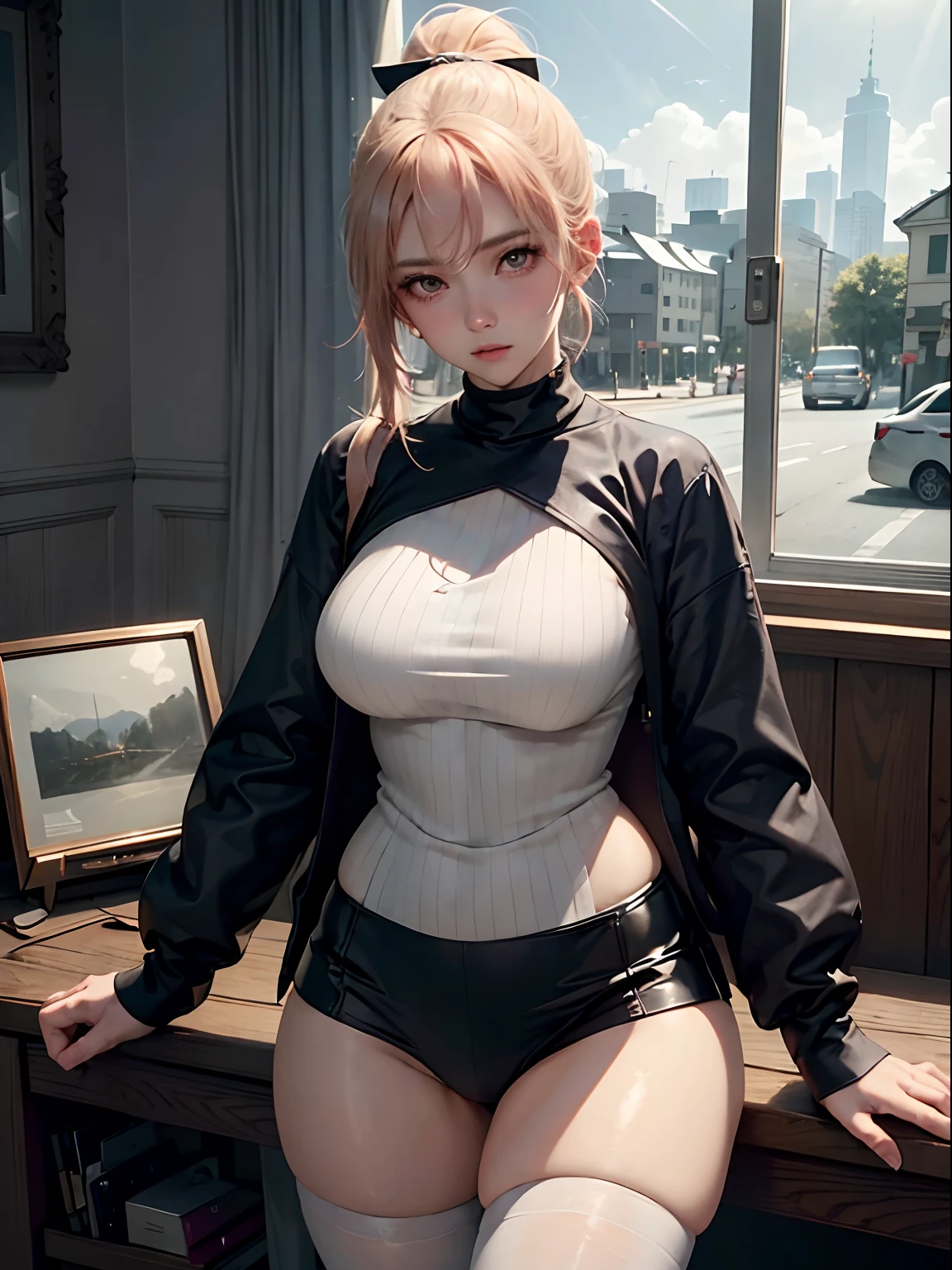 1girl in, delicate and beautiful face, get blush, Purple pupils,Golden hair,length hair,High Ponytail,angry, Parting lips, Plump chest,Convex buttocks,white turtleneck knit vest, Black short skirt,white panties,White legwear,Perfectly proportioned, Detailed clothing details, inside in room,There are men around,Cinematic lighting, film grains, Fujicolor, light and darkcontrast, 8K, masterpiece, Textured skin, Super Detail, detaileds, High quality, high resolusion,