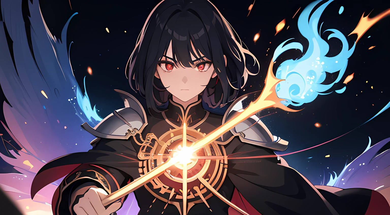 (ultra-detailed, perfect pixel, highres, best quality, beautiful eyes finely detailed), 19 years old anime boy, short raven hair, wavy hair, parted bangs, black hair, gradient hair color, flowing crimson hair that dances like flames, there is many red fire swirling around his body (transparent:0.7), showing his over power aura (dangerous and terrifying aura), dangerous, he holding a wizard staff, grand magus, red eyes, strong and heavy steel armor, prestigious, realistic fire, the background is full of magical particles and realistic blue fire. lens flare, glowing light, reflection light, motion blur, 8k, super detail, ccurate, best quality, Ray tracing.